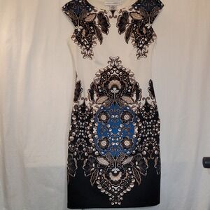 Maggy London Sheath Dress Black Cream Print Cap Sleeve Stretch Lined Zip‎ Sz 4